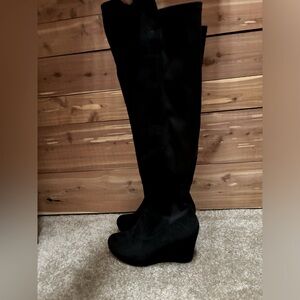 Chinese Laundry wedge black over the knee boots 9 microfiber “suede” stretch EUC
